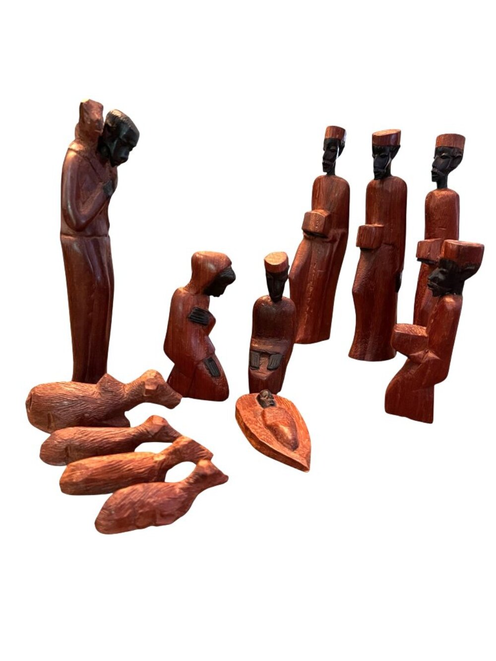 Hand Carved Wooden Nativity Tribal Set of 12 Jesus Mary Joseph Kings Christmas
